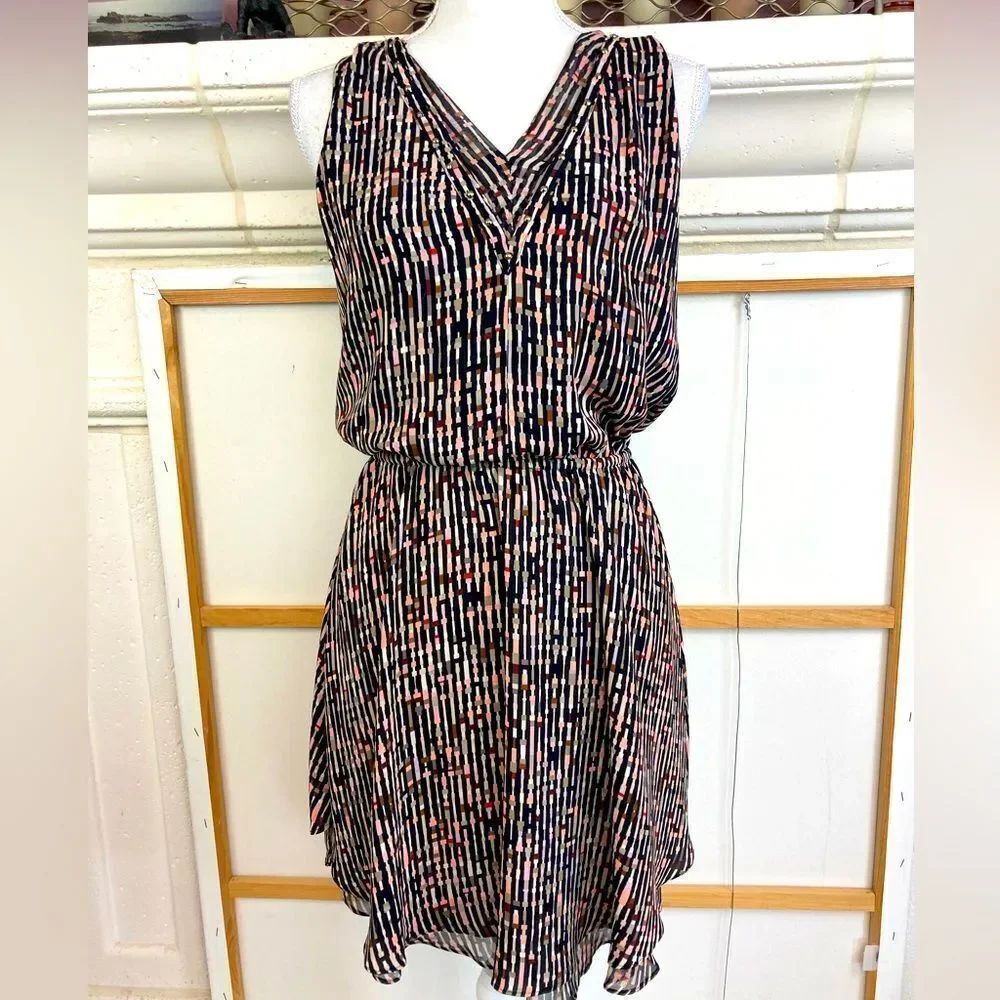 WHBM chiffon studded Black, Pink Striped Dress w/faux cutaway neck & back